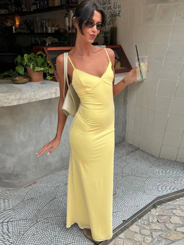 Spaghetti Yellow Sleeveless Bodycon Dress