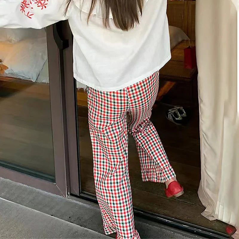 Ruffled Plaid Flared Casual Pant