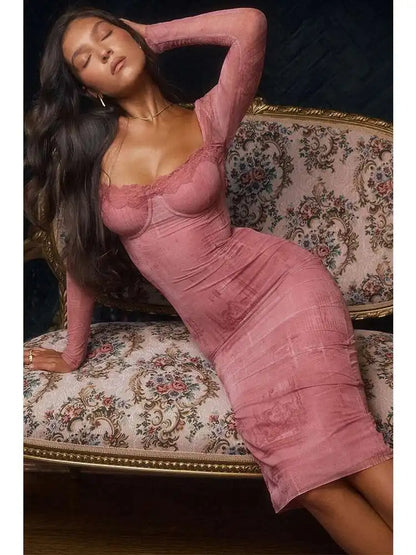Print Lace Side Bodycon Midi Dress