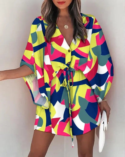 DressBetty - Casual Flora Print Batwing Sleeve Lace-Up Dress