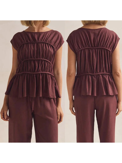 | Ruched Cap Sleeve Peplum Top