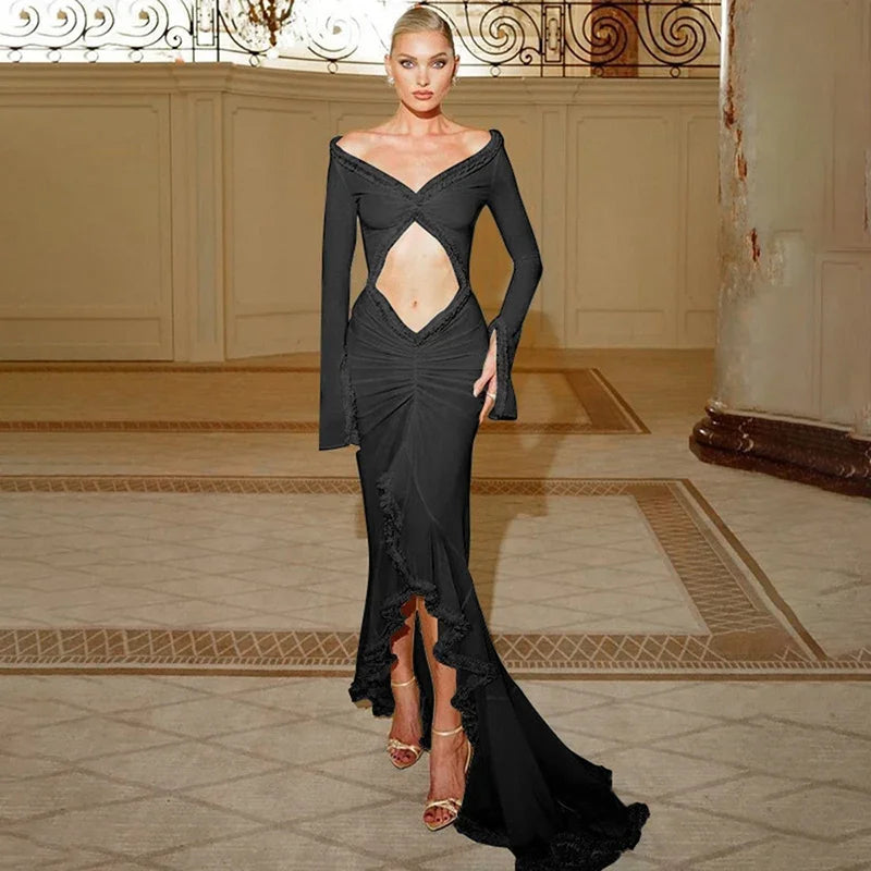 Sheer Slim Ruffle Slit Maxi Dress