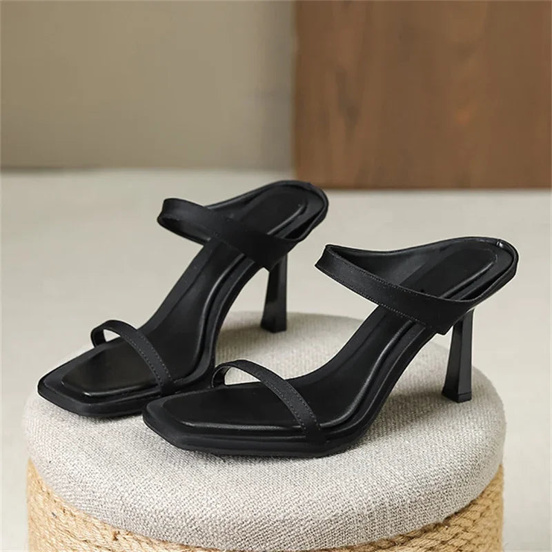 Hollow Out Narrow Band Women Slipper with Square Toe and Thin Heels