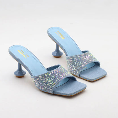 Summer Blue Denim Rhinestone Women's Slippers with 7CM Heel