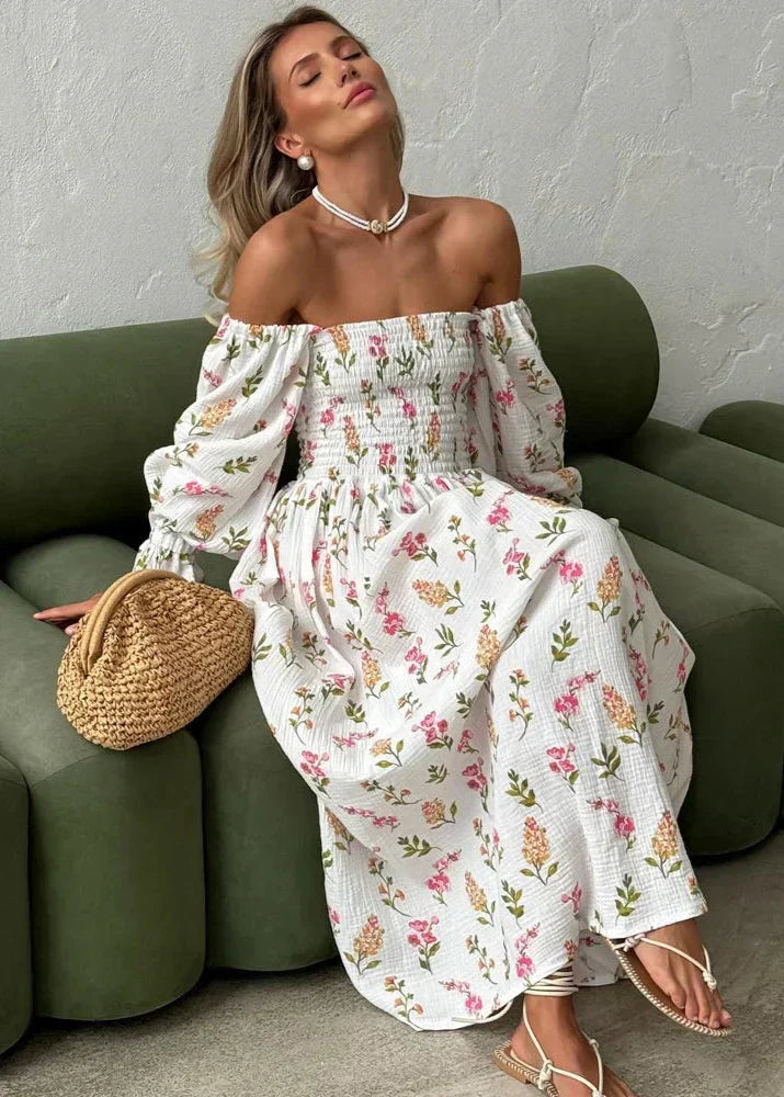 Off-Shoulder Smocked Puff Sleeve Floral Print Crinkled Midi Dress