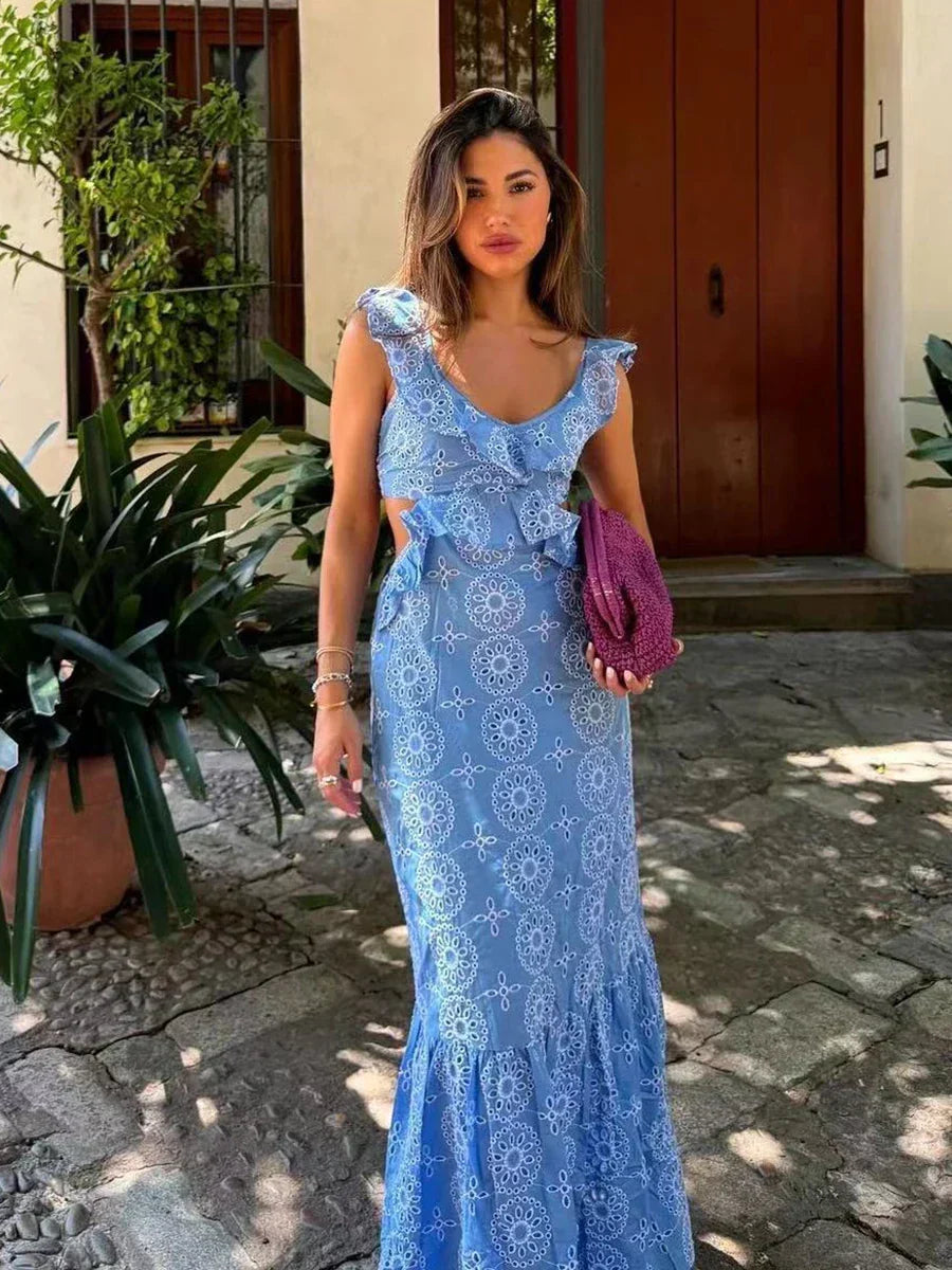 Eyelet Lace Ruffle Strap V Neck Waist Cutout Tiered Ruffle Hem Midi Dress