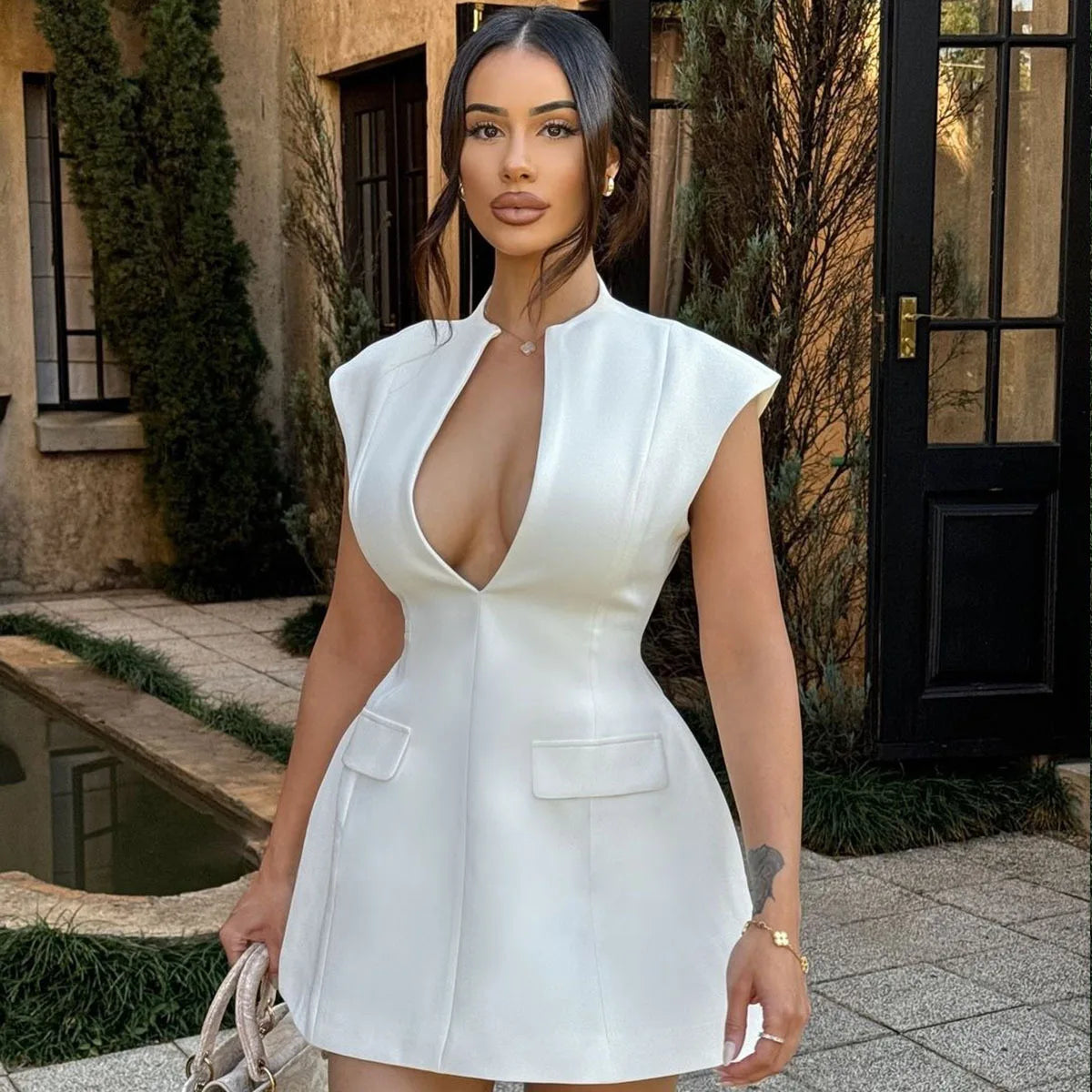 Deep V Sleeveless Club Mini Dress