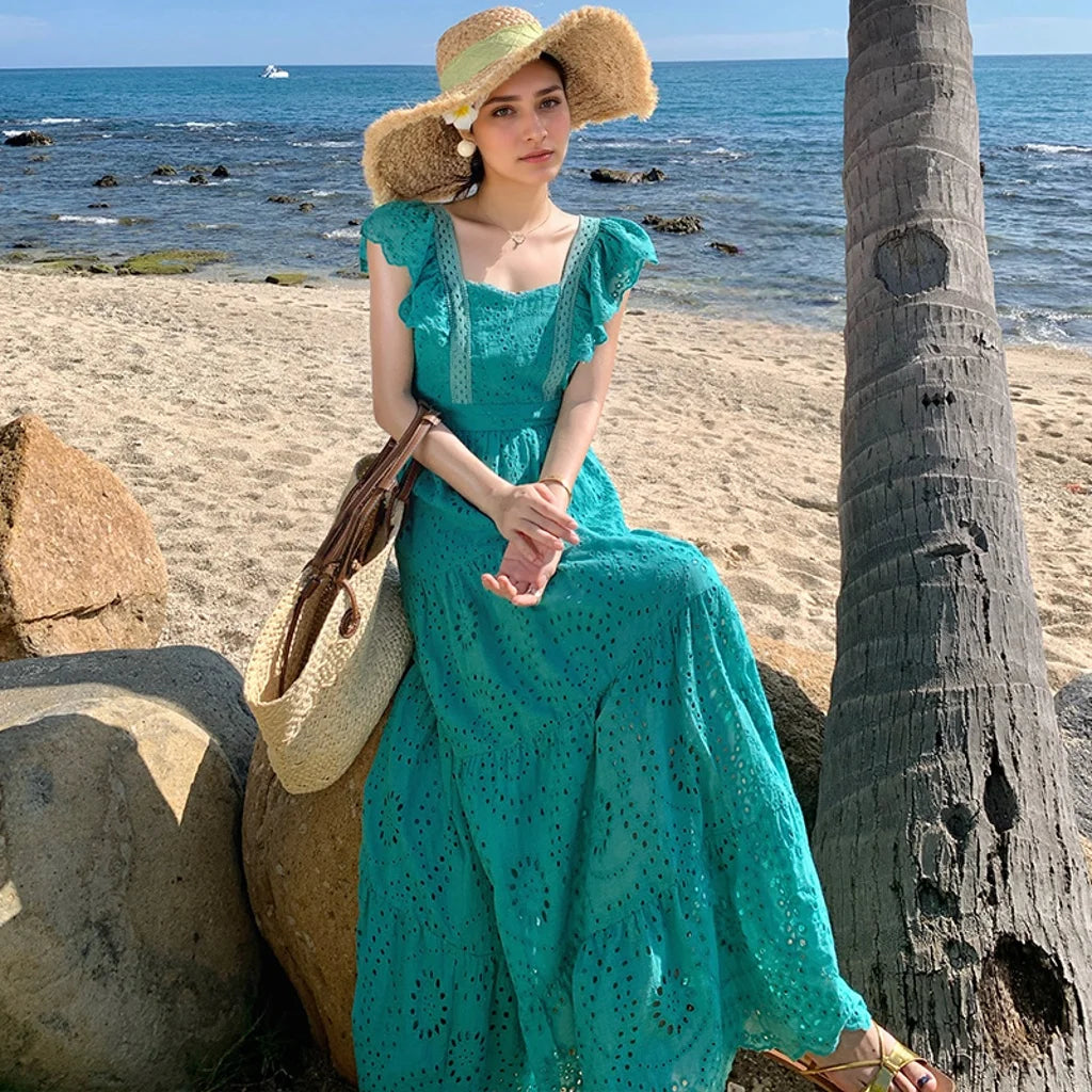Floral Embroidery Lace Butterfly Sleeve Boho Dress