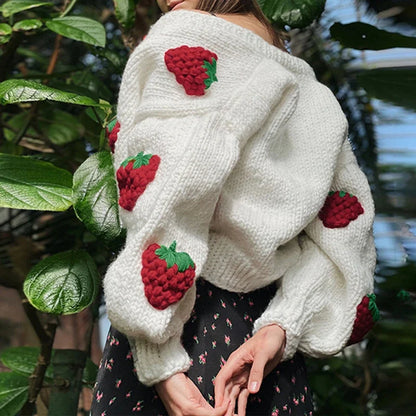 Strawberry Embroidered V-neck Lantern Cardigan