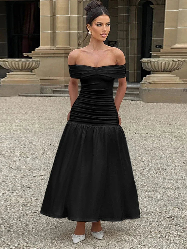 Ruched One-Shoulder A-Line Maxi Dress