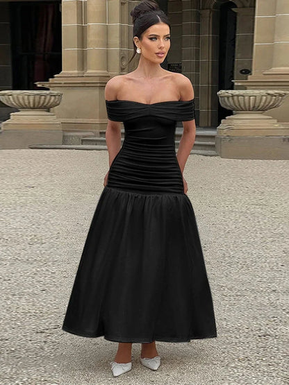 Ruched One-Shoulder A-Line Maxi Dress