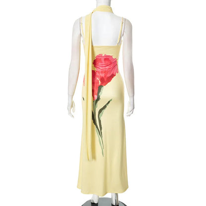 Print Yellow Spaghetti Strap Long Dress