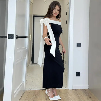 Bow Ribbon Off Shoulder Midi Dress