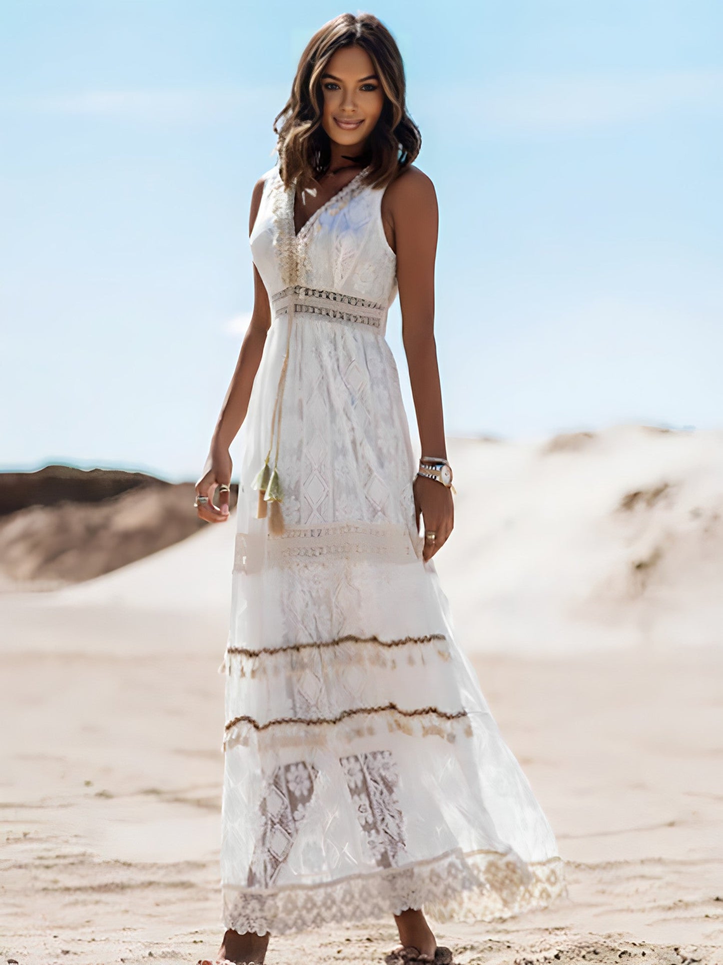 Deep V-Neck Lace Trim Drawstring Tie High Slit Tiered Maxi Dress