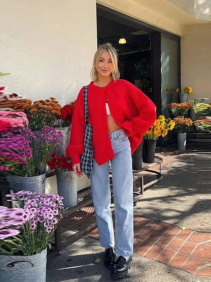 Red O-neck Button Long Sleeve Cardigan