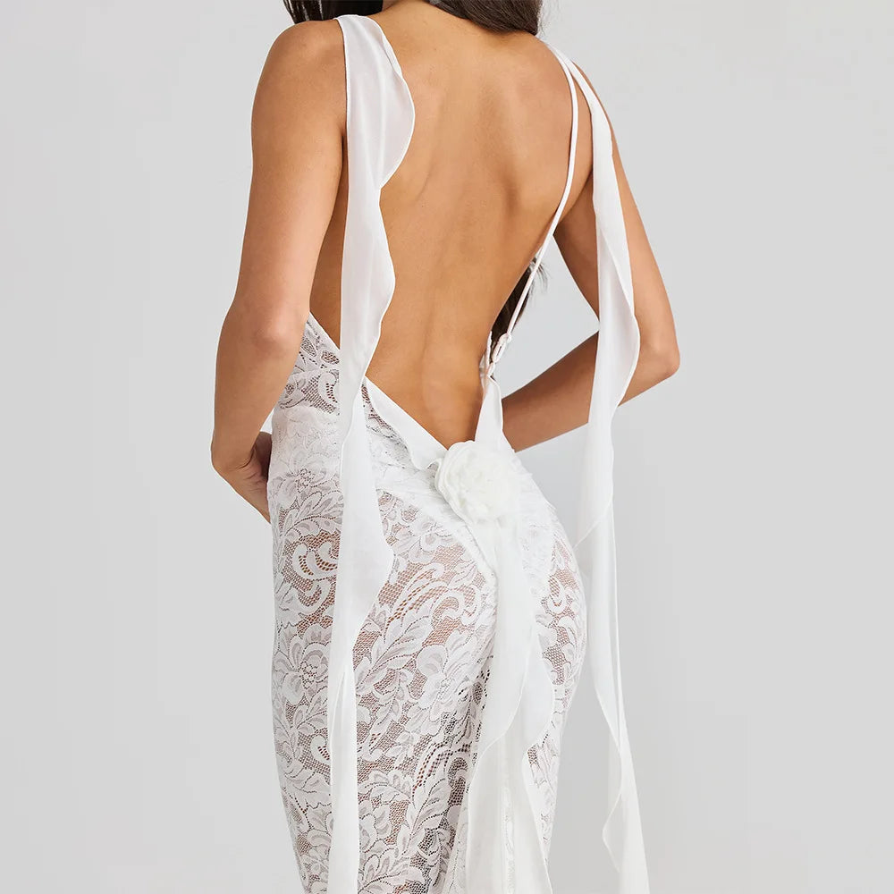 | Backless Lace Mermaid Gown with Chiffon Streamers