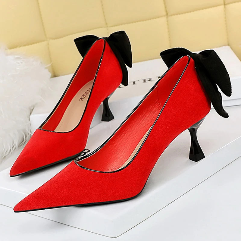 Bowknot Suede Female Kitten Heels Pumps - Spring New High-heels