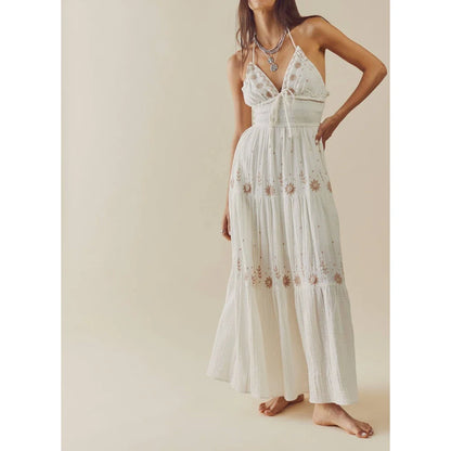 Embroidered Halter Smocked Vacation Dress