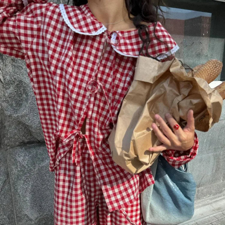 Red Plaid Wide Leg Pants Sets Women Long Sleeve Lace-up Blouse+Elastic Waist Trouser Chic Casual Lace Trim 2 Piece Set 2025 New