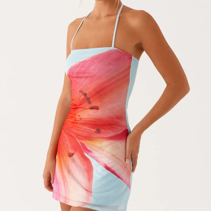Backless Floral Lace-up Mini Vacation Dress
