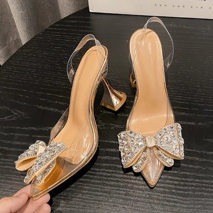 Spring Butterfly-knot Crystal Designer Pumps Women Transparent High Heels