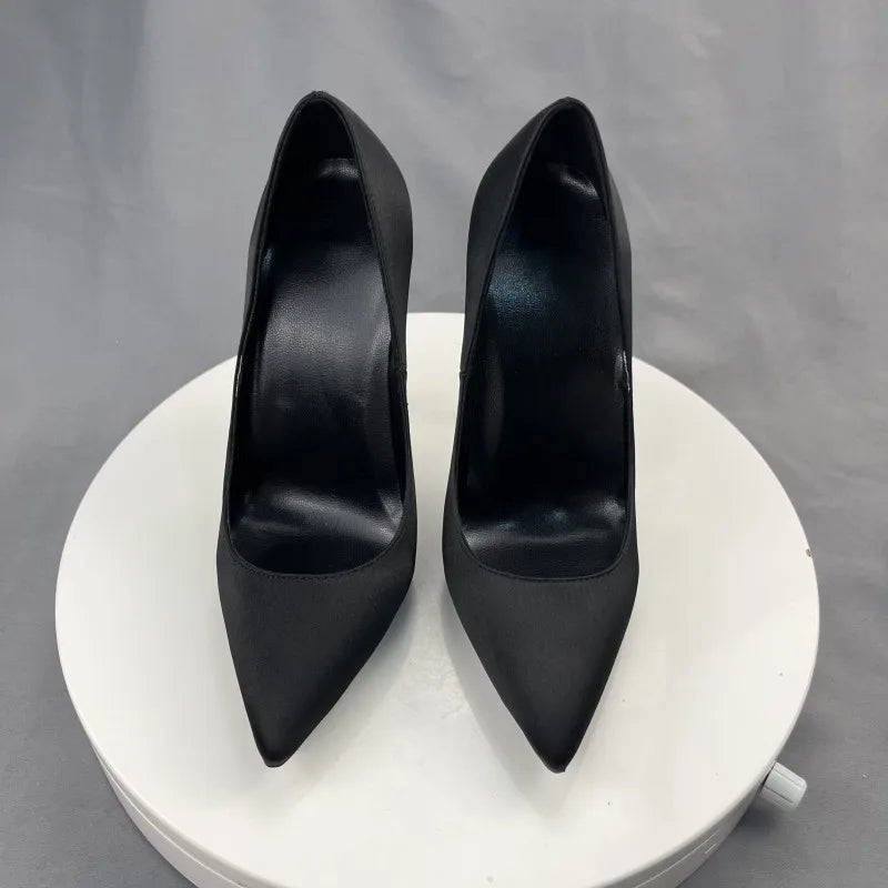 Black Satin Sexy Pointe Toe High Heel Dress Shoes for Women