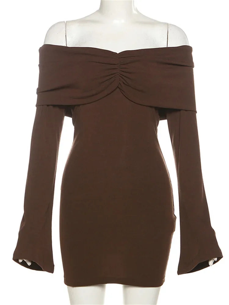 Off Shoulder Sweetheart Ruched Bust Rib Knit Long Sleeve Mini Dress