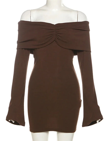 Off Shoulder Sweetheart Ruched Bust Rib Knit Long Sleeve Mini Dress