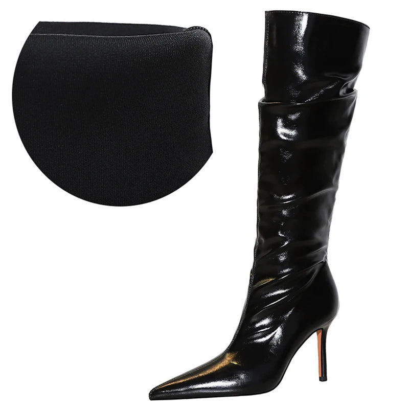 Sexy Knee-High Pointed Patent Leather High Heel Boots for Women