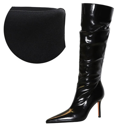 Sexy Knee-High Pointed Patent Leather High Heel Boots for Women