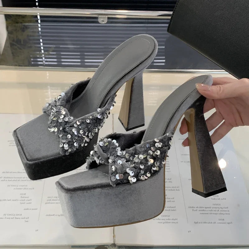 Sequin Cloth Pleated Platform Slide Shoes for Women