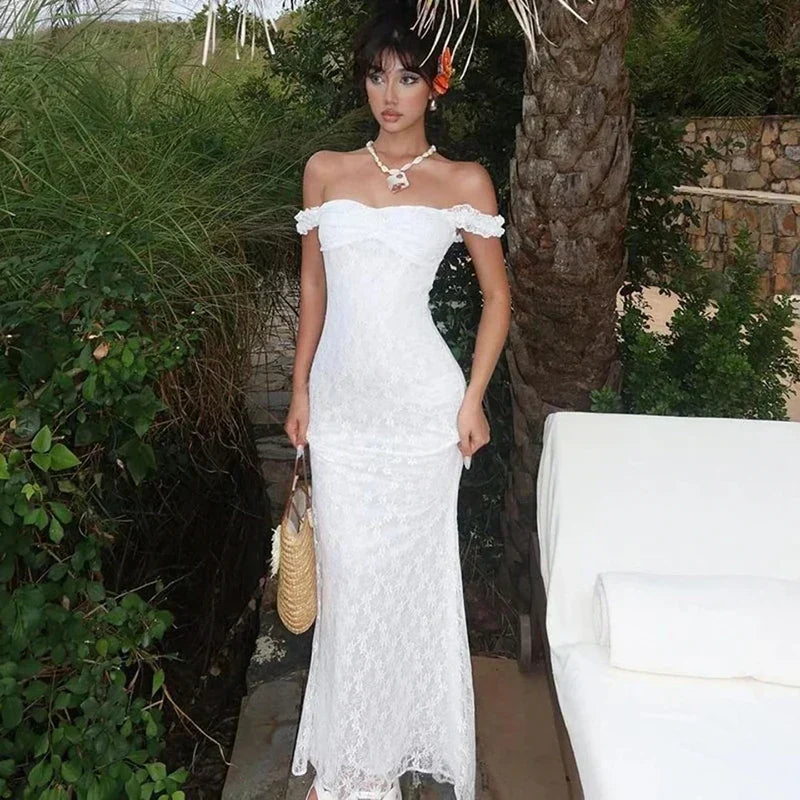 Off Shoulder Lace Ruffle Sleeve Fishtail Lace Maxi Dress