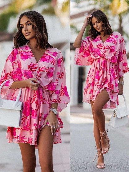 Tropical Floral Print Twist-Waist Kimono Sleeve Tiered Ruffle Mini Dress