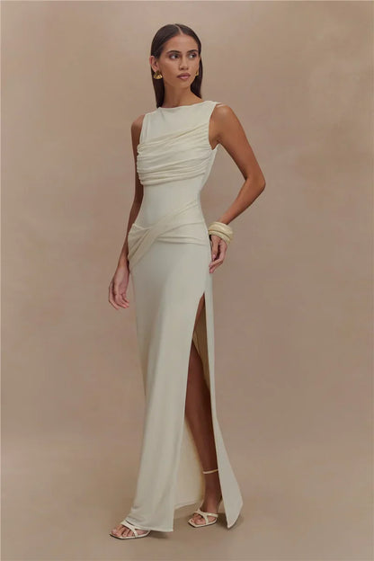 Backless Ruched O Neck Thigh High Split Long Dress