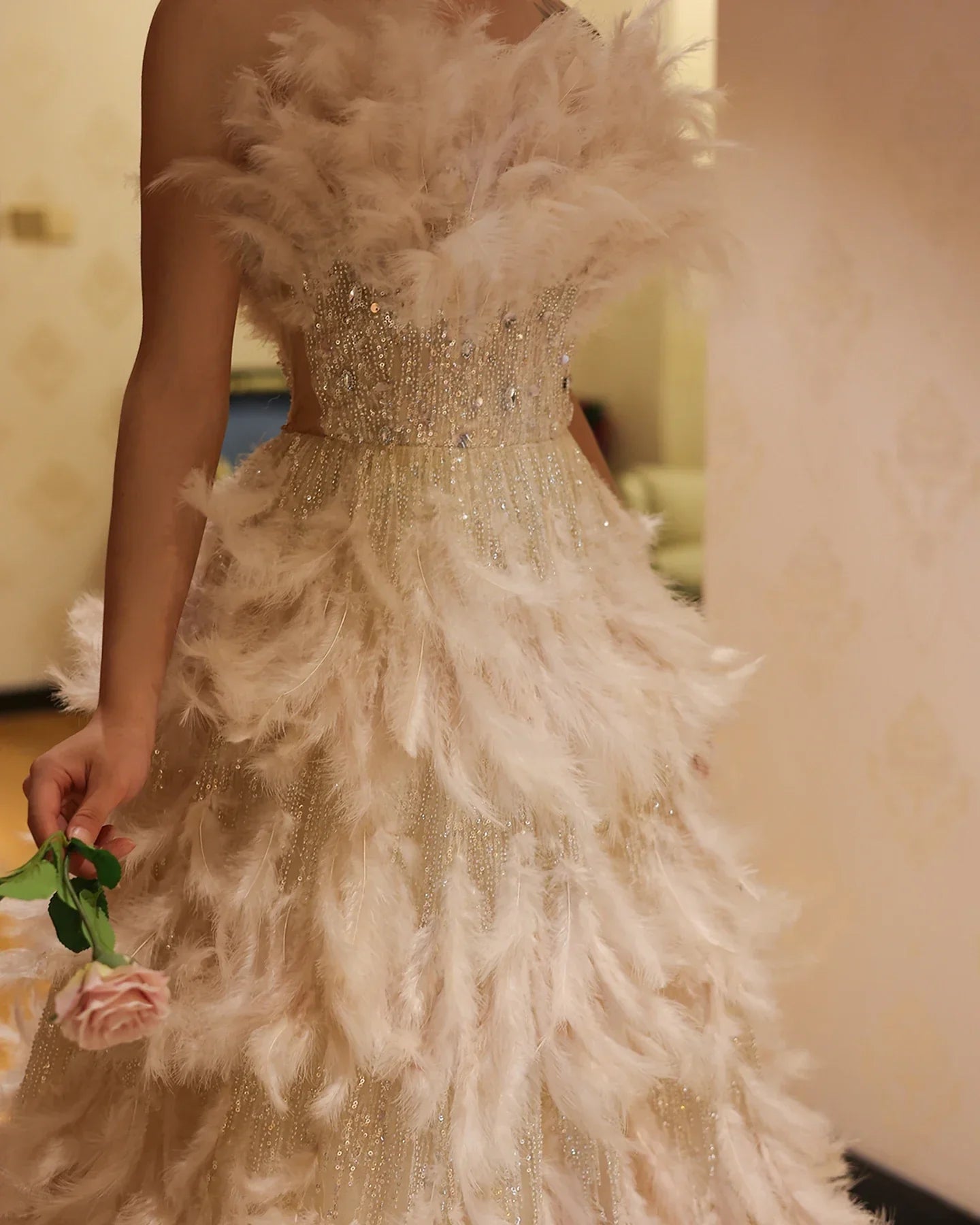 Feathers Princess Ball Gown Cream Evening Dress