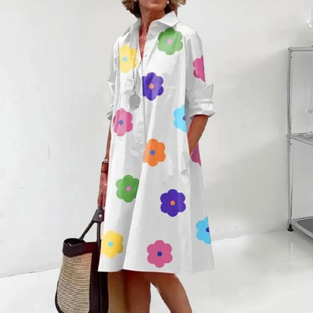 Collared Long Sleeve Button Down Patch Pocket Midi Shirt Dress