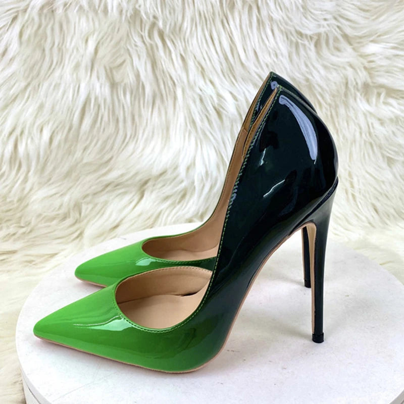 Black Green Women Pointy Toe Side Cut High Heel Shoes
