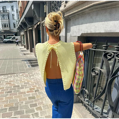 Women's Round Neck Knitted Backless Yellow Top – Open Back Summer Blouse
