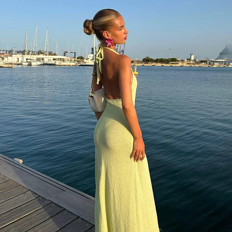 Ruffled Lace Up Knitted Maxi Dress