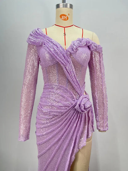 Off-Shoulder Long Sleeve Asymmetric Mesh Dress