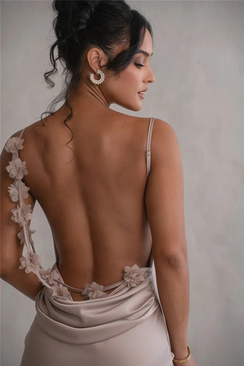 3D Flower Draped Open Back Maxi Dress