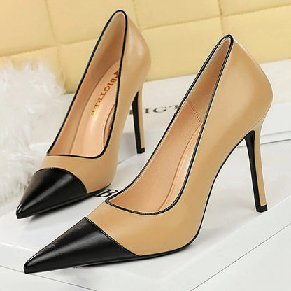 Khaki Women Pumps Mixed Colors Pointed High Heels Pu Leather Shoes
