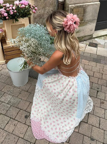 Halter Patchwork Floral Lace Panel Ribbon Tie Tiered Maxi Gown