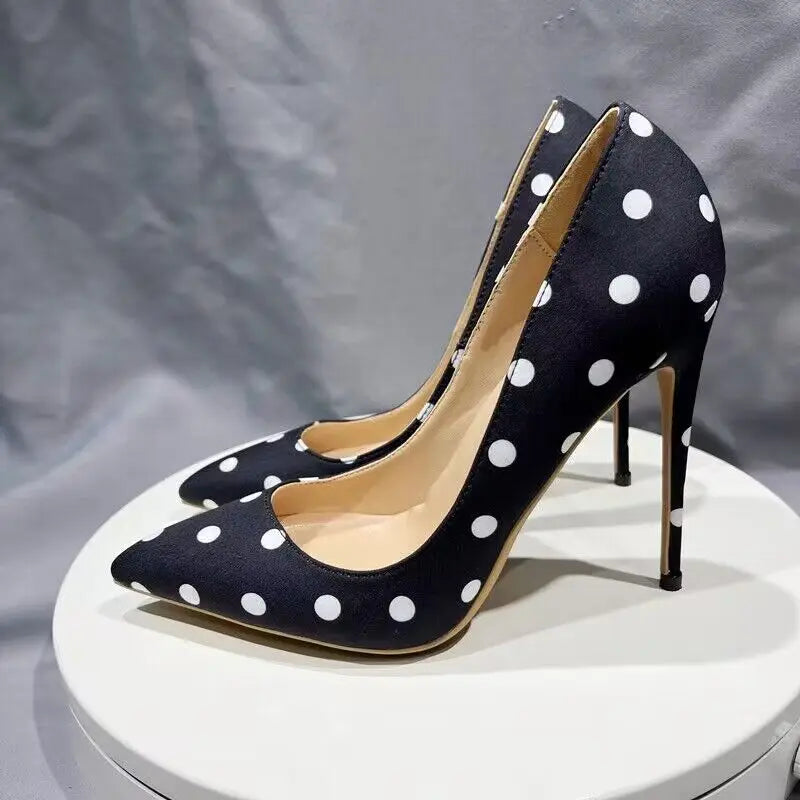 Black Satin Stiletto High Heels with Polka Dot Design