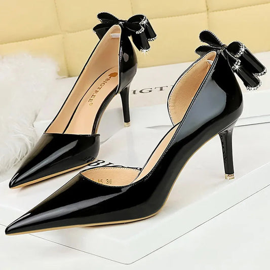 Patent Leather Women Pumps with Kitten Heels and Back Bowknot Design