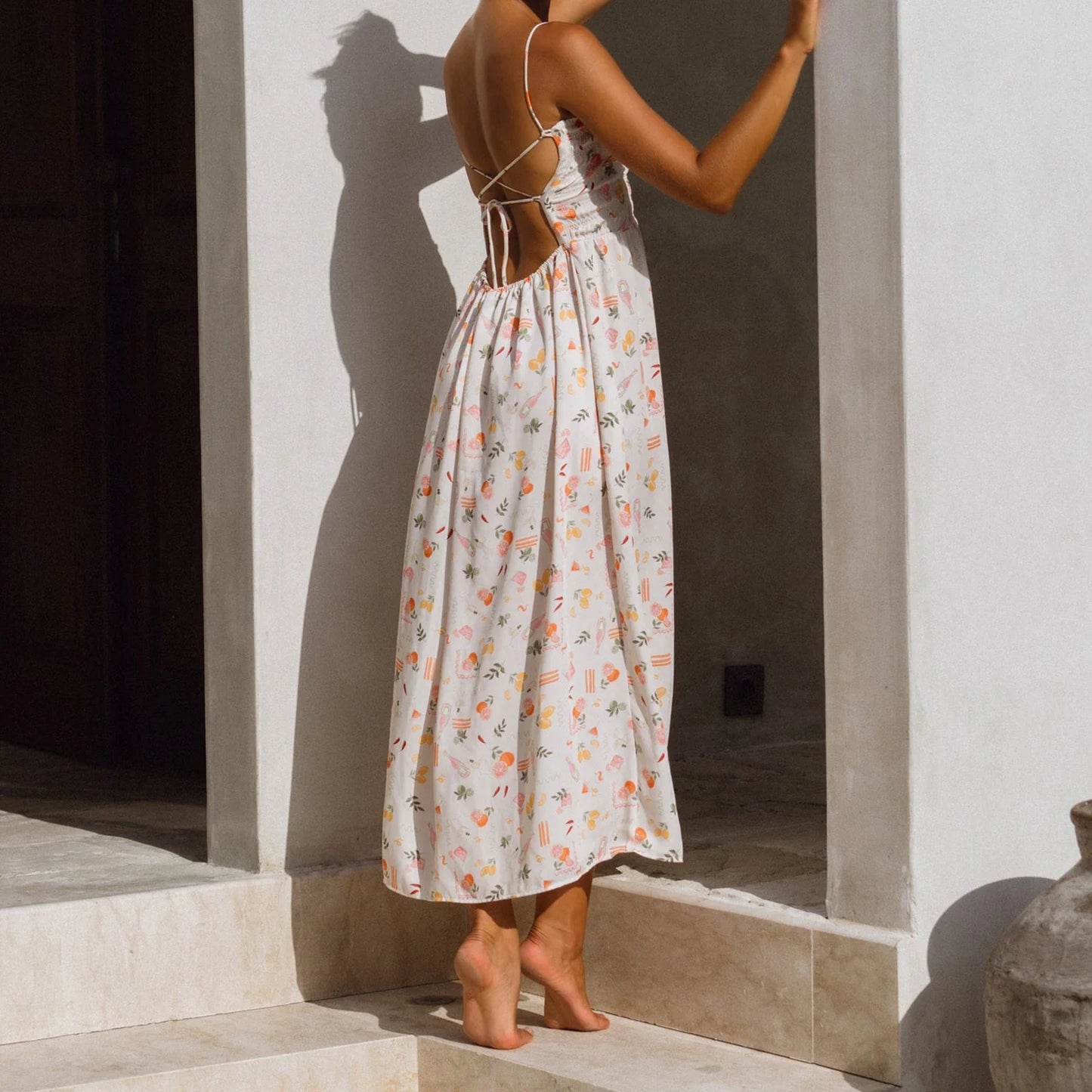 Smocked Floral Tie-back Cami Vacation Dress