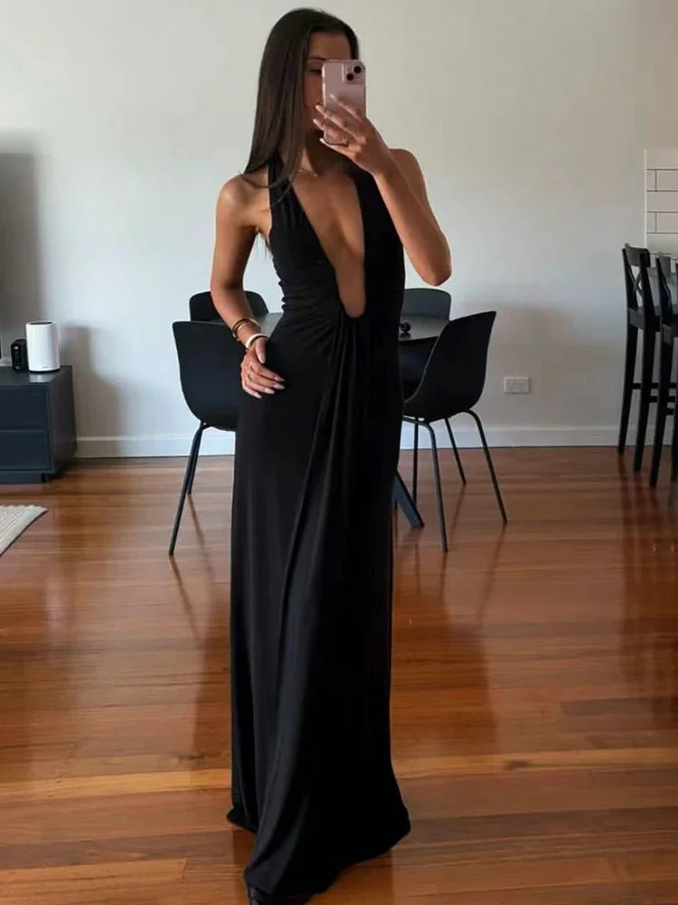 Halter Deep V Ruched Ribbon Prom Dress