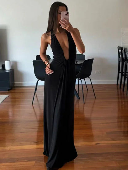 Halter Deep V Ruched Ribbon Prom Dress