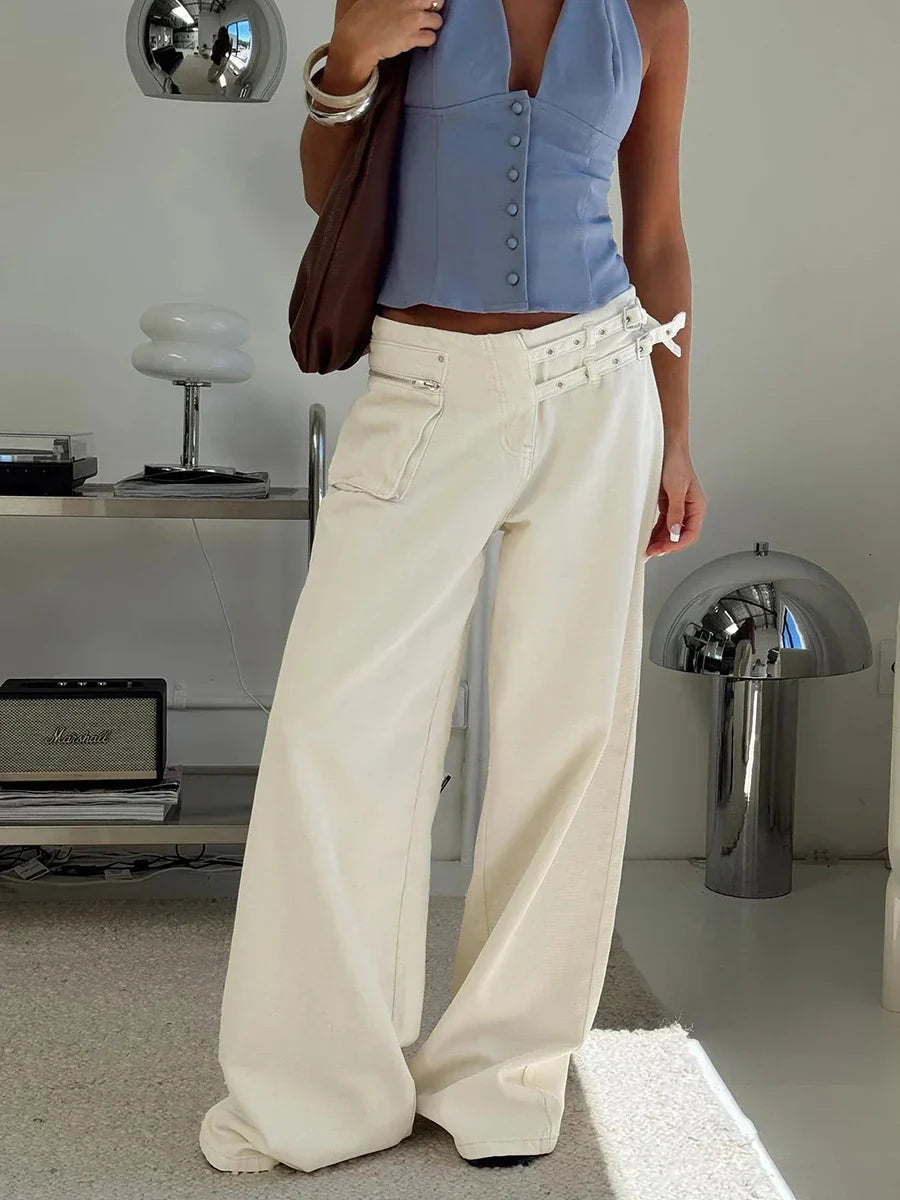 Pocket Adjustable Waist Wide Leg Pant Women Low Rise Waist Baggy Denim Trouser Streetwear Fashion Vintage Jeans Femme Summer New