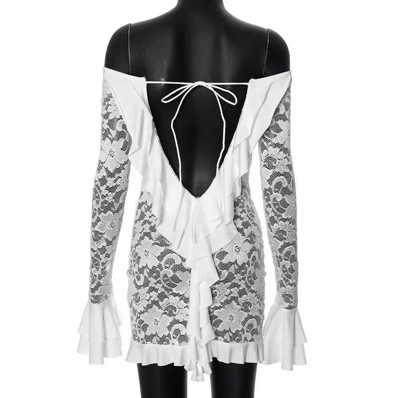 Lace Trim Slash Neck Sheer Long Sleeve Tiered Maxi Dress